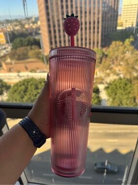 Starbucks Pink Ribbed Tumbler with Strawberry Straw